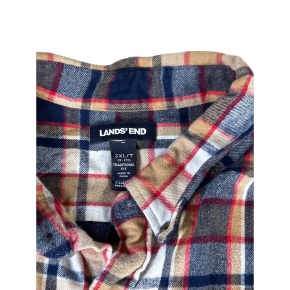 Lands End Flannel Shirt Beige Red White Plaid Men's 3XL/T Long Sleeve Buttons - Picture 3 of 12